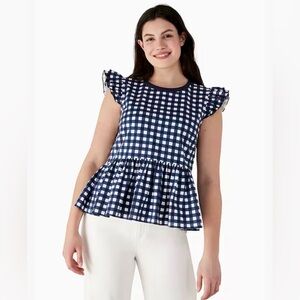 NEW Kate Spade Top Womens XS Blue White Gingham Check Peplum Ruffle Preppy